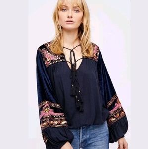 Free People Navy and Pink Embroidered Top